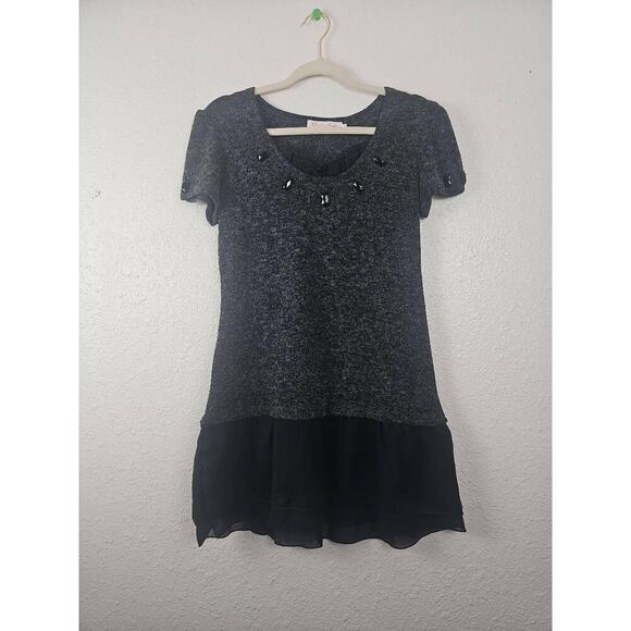 Pretty Angel Wool Blend Black Gray Tunic Dress Embellished Layered Hem - Picture 1 of 6